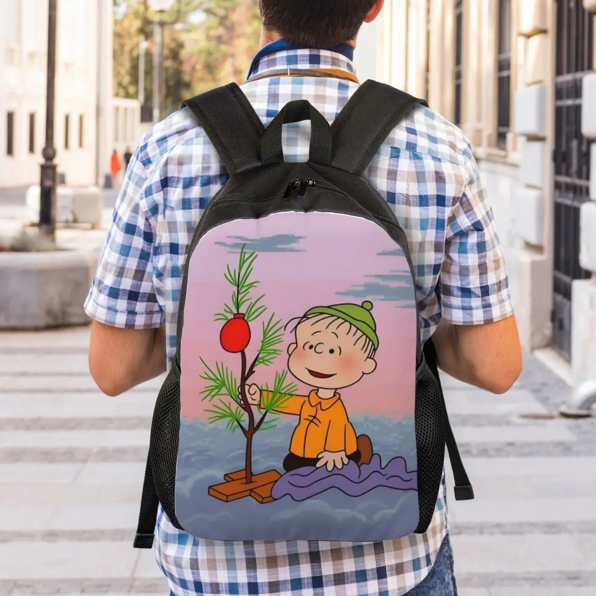 مخصص 3D الطباعة تشارلي براون عيد الميلاد على ظهره كبير رئيس الوجه المبتسم مدرسة كلية حقائب السفر حقيبة الكتب يناسب كمبيوتر محمول 15 بوصة #6