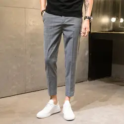 Size 28-34 Men Plaid Ankle-length Pants Casual  Korean Style Straight Slim  Chinos  Trousers No Ironing