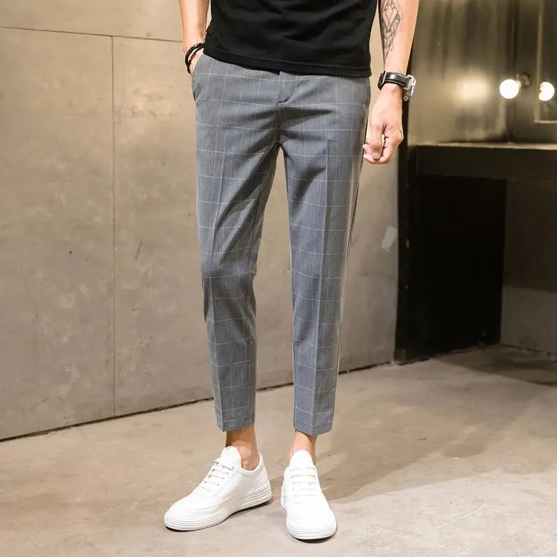 Size 28-34 Men Plaid Ankle-length Pants Casual  Korean Style Straight Slim  Chinos  Trousers No Ironing