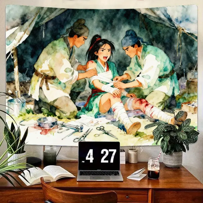 

1PC Unique Watercolor Historical Tapestry, Ancient Chinese Medicine First Aid Scene Wall Art, Cultural Home Decor Polyester.