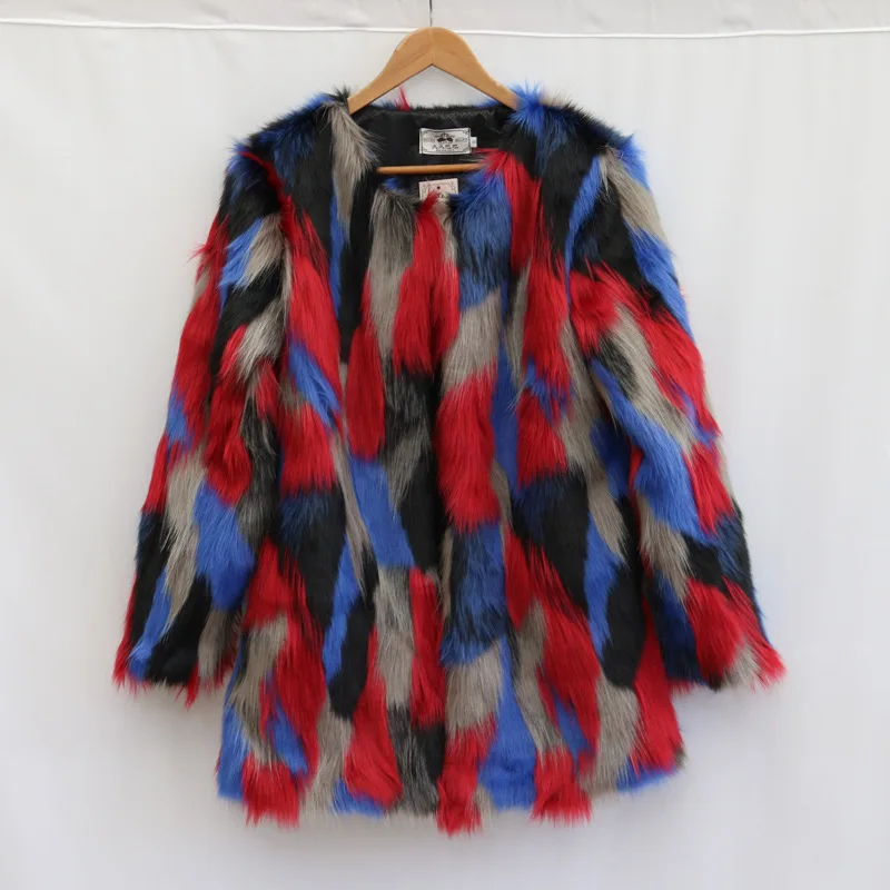Luxury Colorful Patchwork Fluffy New Women's Fur Coat Faux Beach Wool Coat Winter Warm Fox Fur Top Design Streetwear Trendy