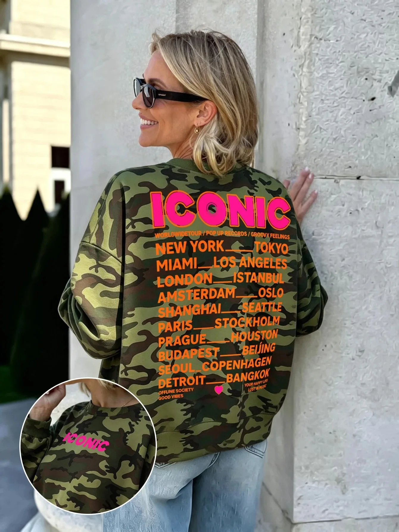 Women's Crew Neck Long Sleeve Sweatshirt, Camouflage Letter Graphic Back Print Loose Casual Streetwear Pullover