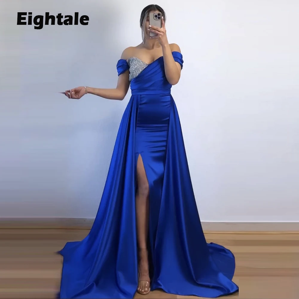 Eightale Arabic Evening Dresses for Wedding Party Off the Shoulder Royal Blue Beaded Cap Sleeves Satin Customized Prom Gown