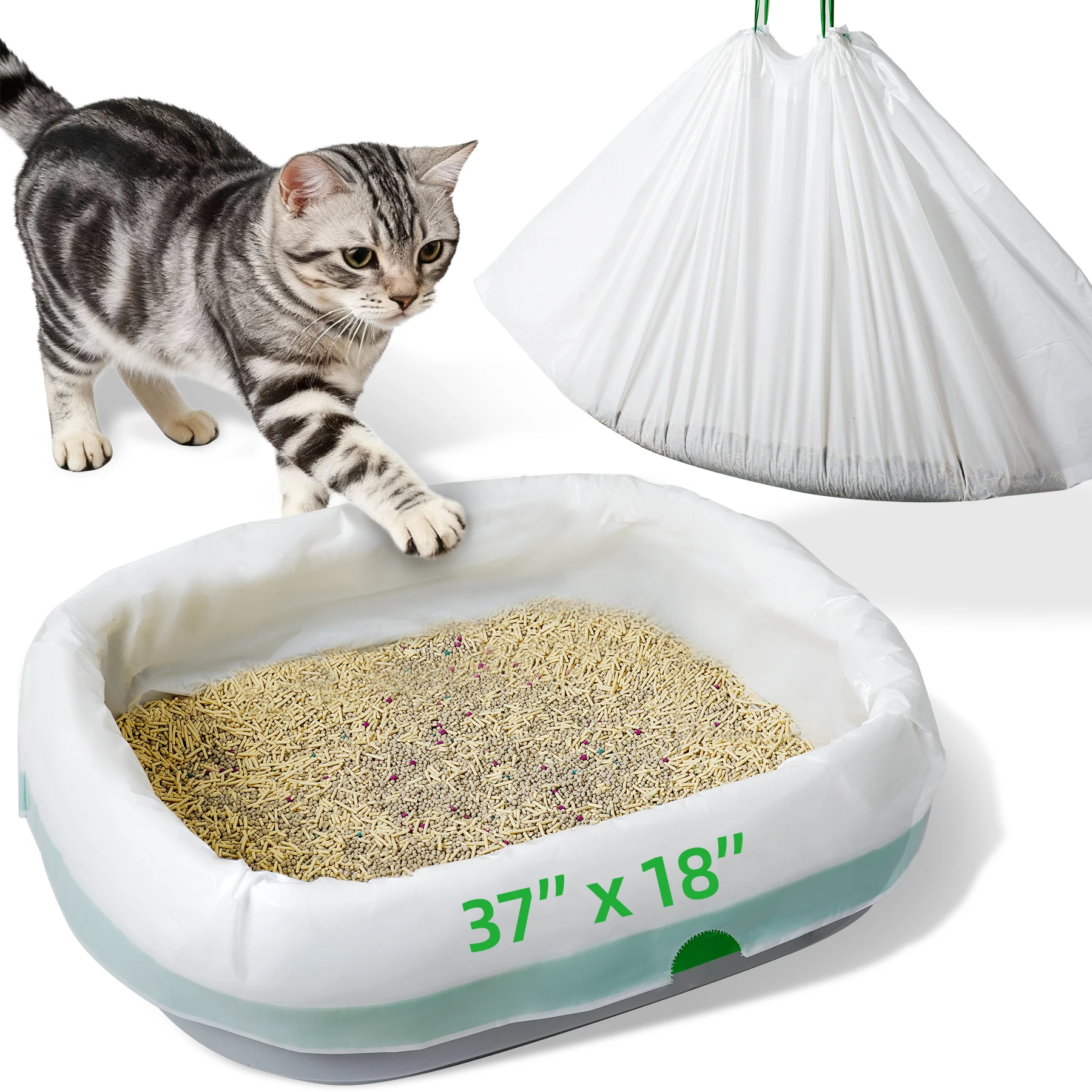 Litter Box Liners Large (37' X 18') - Thick Leak-Proof Drawstring Bags For Easy Clean Up Jumbo Cat Litter Pan Liners Kit