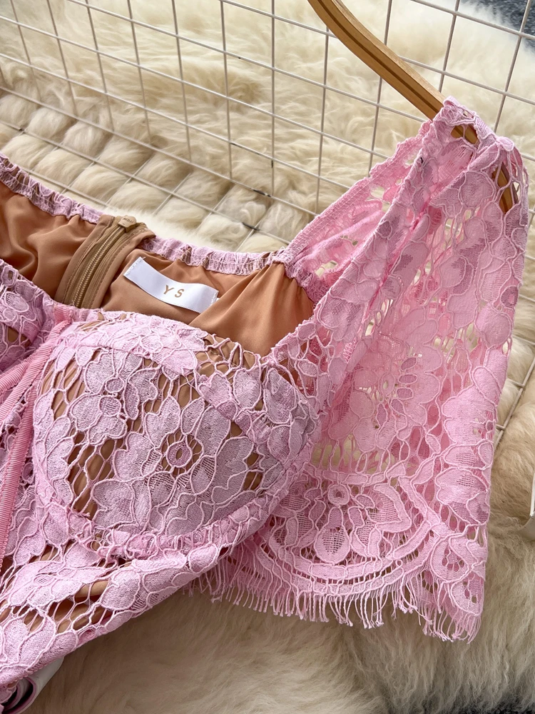 Seksowna elegancka koronkowa sukienka z kwadratowym kołnierzem Bodycon damska 2025 letnie koronkowe sukienki midi z paskiem Slim Luxury Party INKEO 5D135