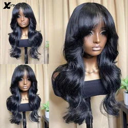 Peluca de cabello humano ondulado con flequillo para mujeres negras, postizo de encaje Frontal 13x4 brasileño con flequillo, 360