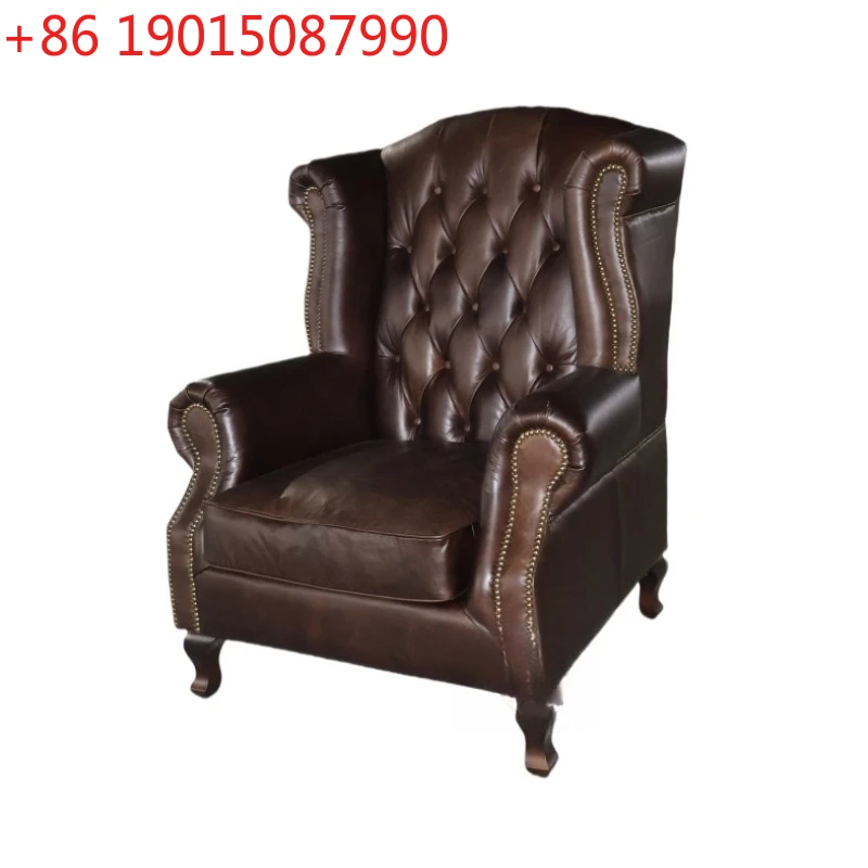 Tiger chair single sofa retro pull button leather solid wood VIP room president