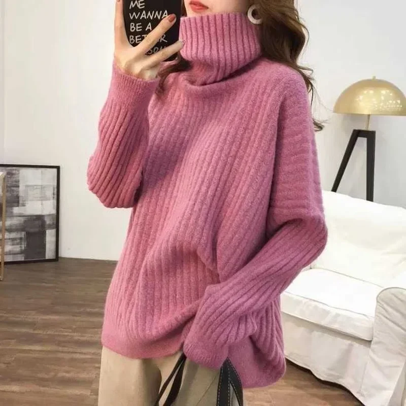 Korean Style Loose Fit Solid Color Ribbed Polo/Turtle Neck Pullover Sweater Women's Autumn/Winter Versatile Slimming Casual Long