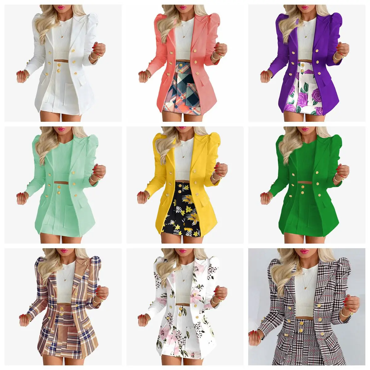 

Sets for Women 2 Pieces 2024 Spring Plaid Print Notched Neck Long Sleeve Blazer & Elegant High Waist Mini Skirt Set Office Lady