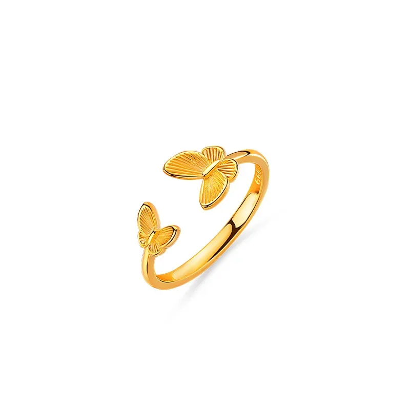 Pure 18k Yellow Gold Color Double Butterfly Ring for Women Immortal Romance Wedding Birthday Anniversary Rings Gifts Not Fade