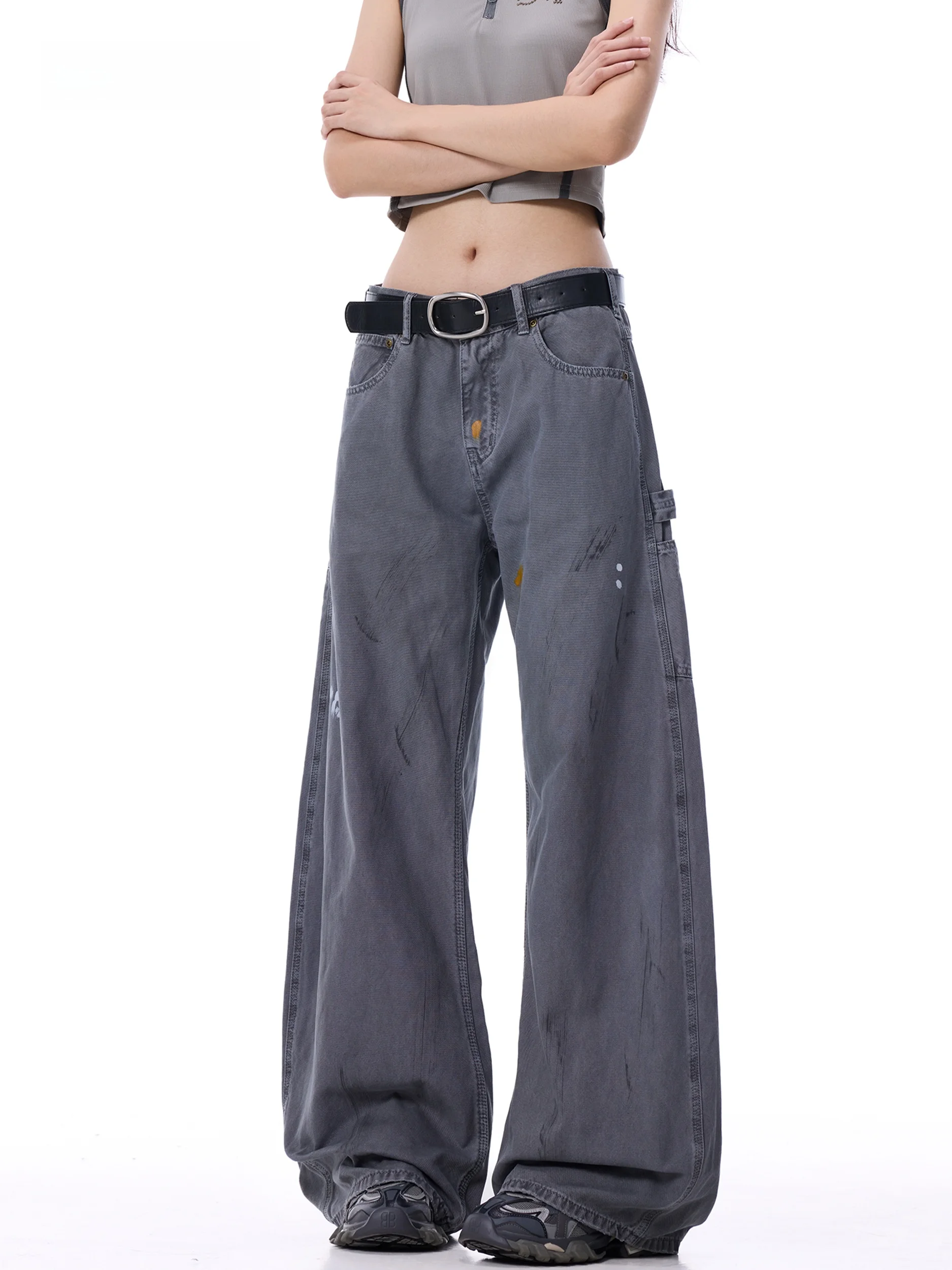 Low Waist Wide Leg Casual Pants Women's Graffiti Street Knife Multi Pocket Design Worn Grey Loose Workwear Trousers