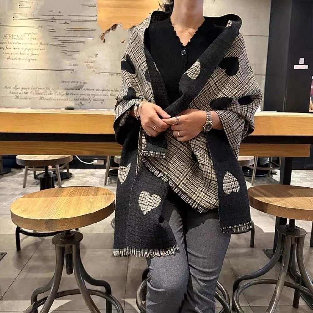 

Korean Style Acrylic Fibers Heart Knitted Scarf Warmer Soft Double-sided Scarf Hijab Tartans Printed Long Thickened Shawl Autumn