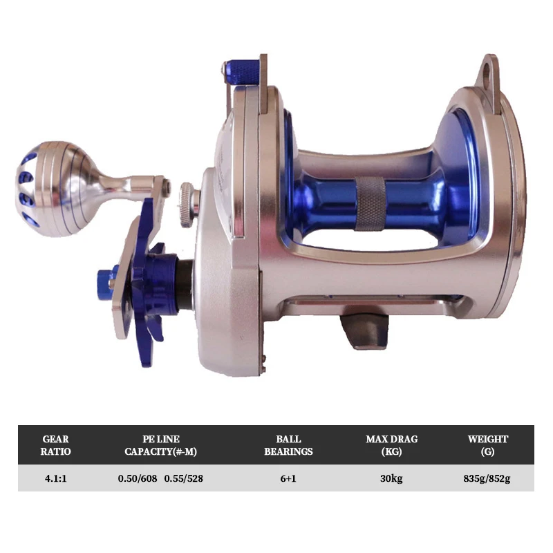 Max Drag 30kg Aluminum Alloy Baitcasting Drum Reel, Right Handed, for Boat Trolling Bass Fishing