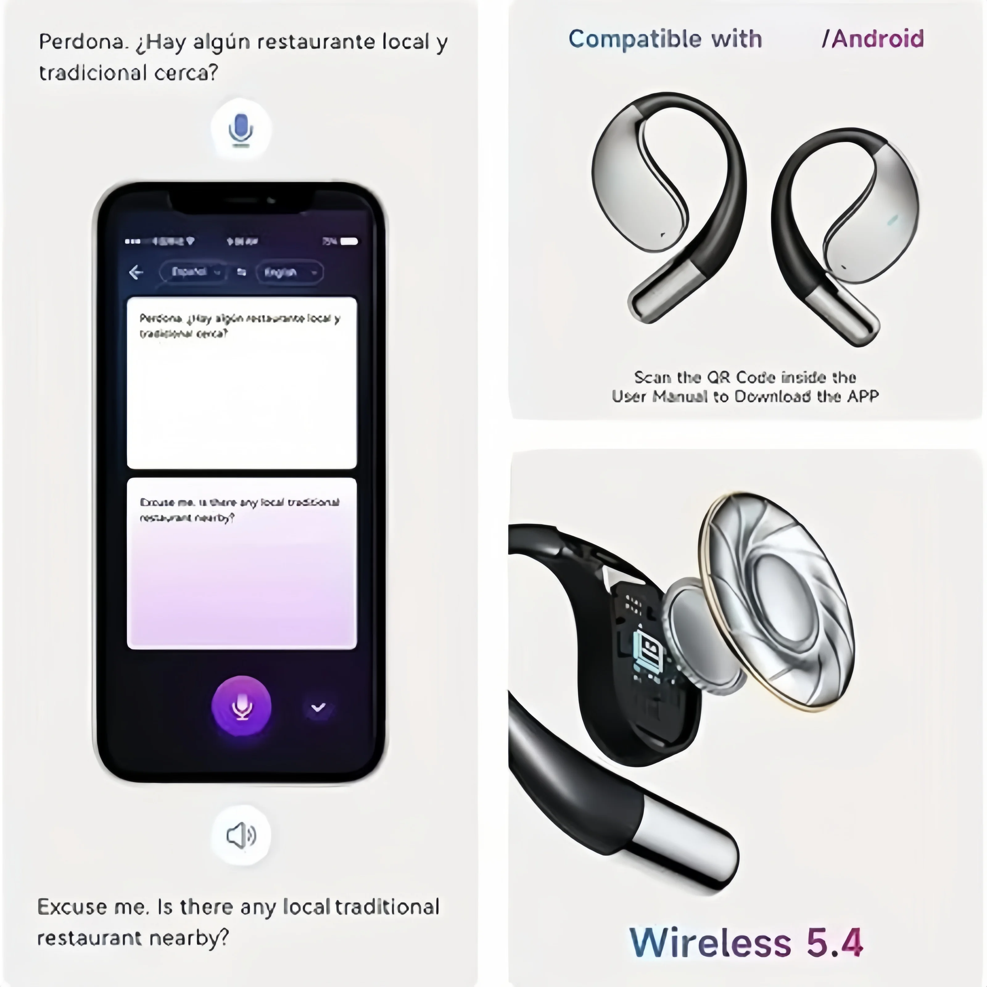 AI Translating Earbuds Real-time 144 Languages Translation Earphone Touch LCD Screen OWS Open Ear Wireless Headphone HiFi Stereo view 4