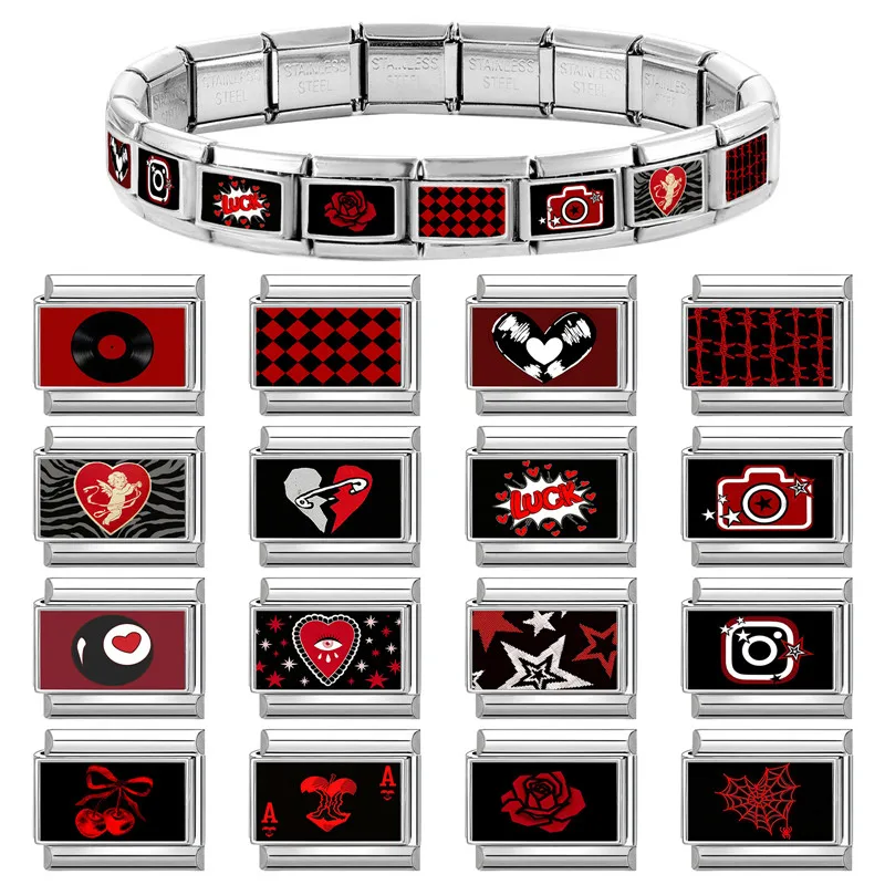 Y2K Red Black Italian Charm Bracelet Star Camera Rose Beads 9mm Bracelet Stainless Steel DIY Making Jewelry Gifts Wholesale