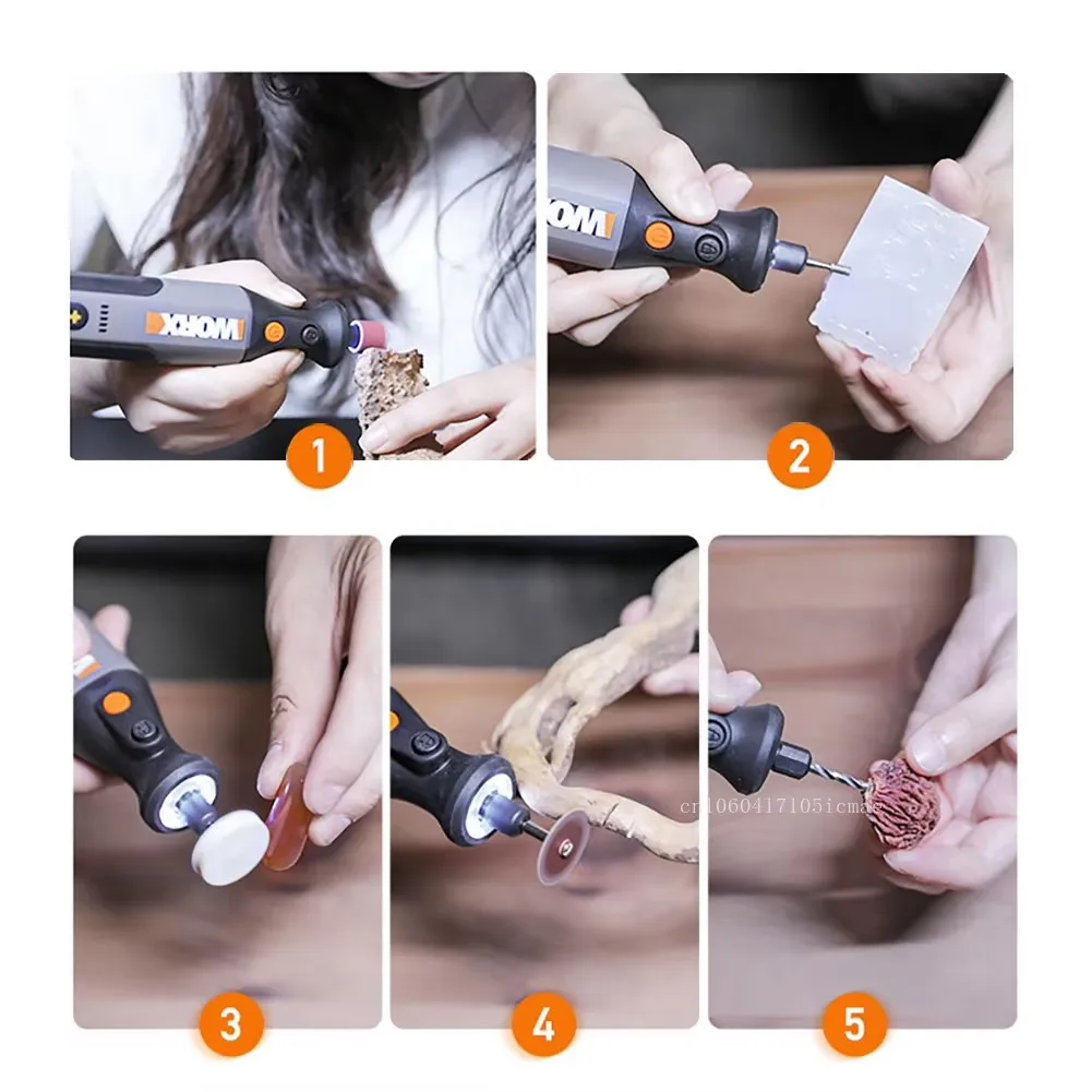 Worx 8V Alat Putar WX106 Bor Mini Tanpa Kabel Mesin Pemoles Pengukir Pengisi Daya USB Set Peralatan Listrik Kecepatan Variabel
