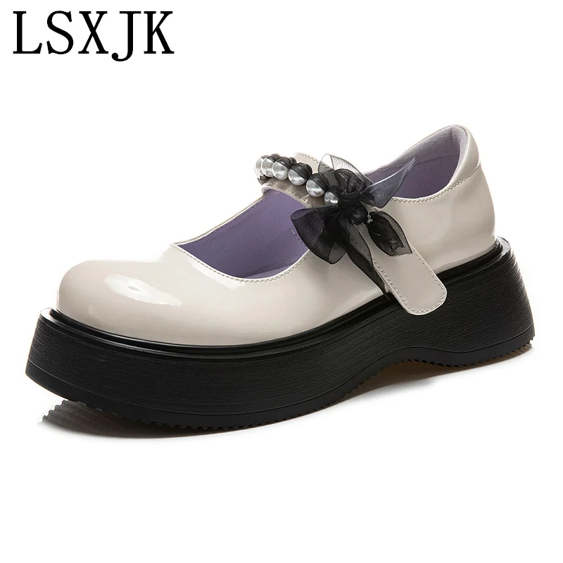 

LSXJK Genuine Leather Mary Jane Shoes 2022 Autumn New Pearl Women's Casual British Style Thick Sole Commuter Shoes For Women's