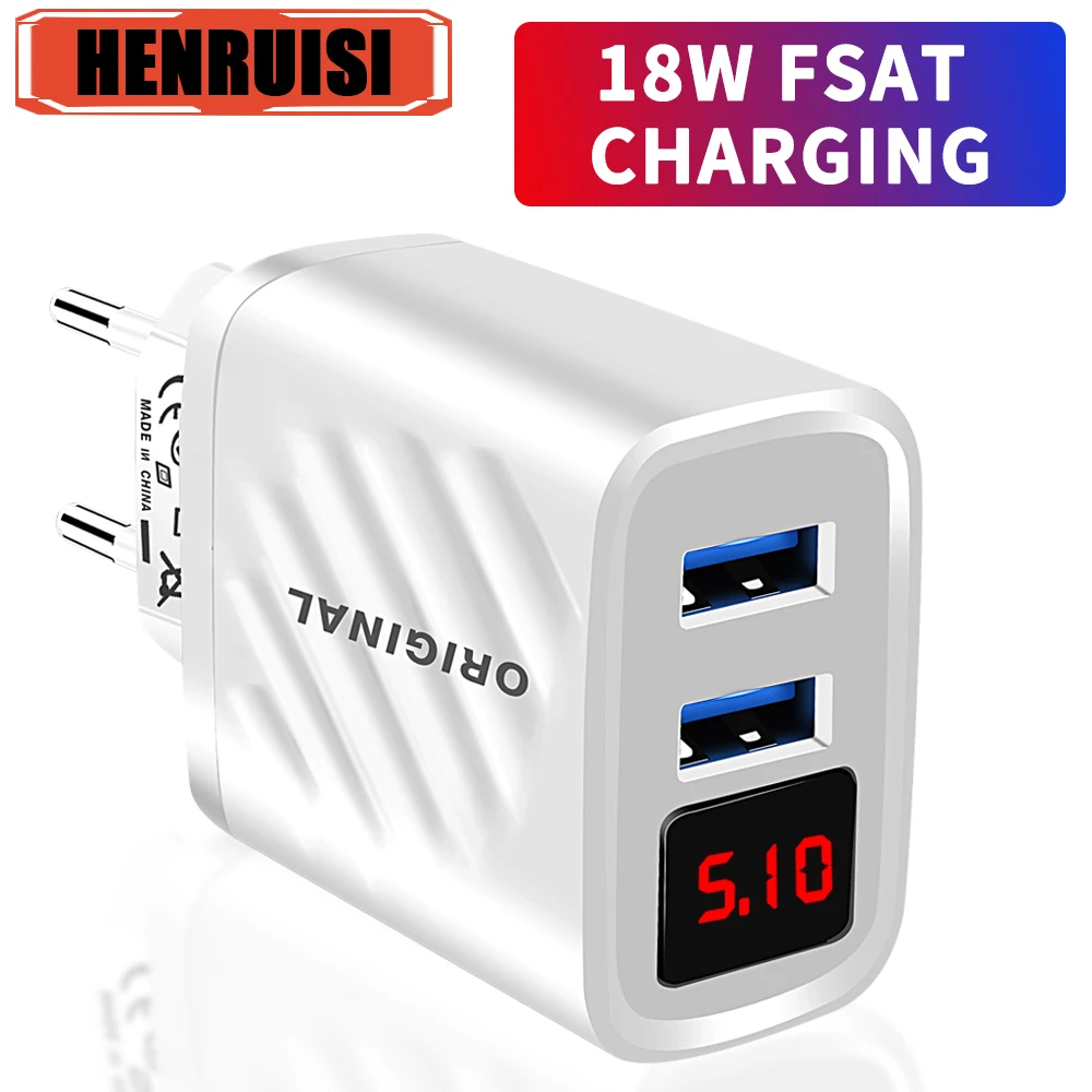 Dual USB LED Digital Display Wall Charger Original Fast Charging Phones Charger For iPhone Xiaomi Samsung Type-C Quick Charger