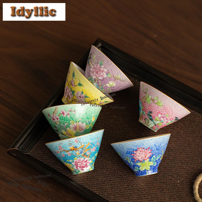 6pc/set Colour Enamels Hand Painted Flower Bird Teacup Zen Tea Bowl Tea Pair Tea-tasting Meditation Cup Chazhan Master Cups