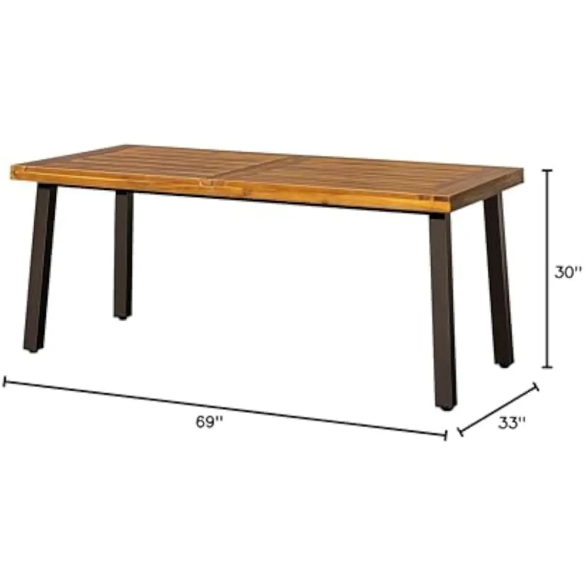 6-Person Solid Acacia Dining Table with Steel Frame Natural Finish Indoor Outdoor Use 69x33 Inch Surface Durable Polished Wood T