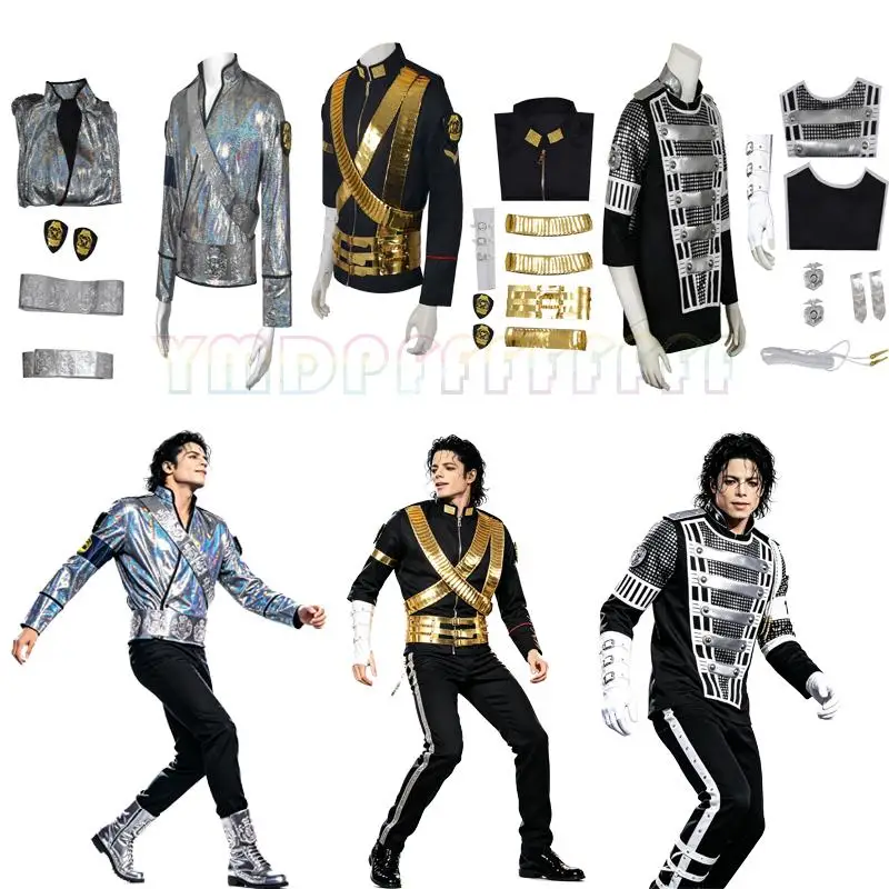 Vestes POP Jackson 3 Or et Argent pour Spectacles de Scène, Déguisements de Carnaval, Pâques, Halloween, Danse Jazz, Performance de Danse MJ
