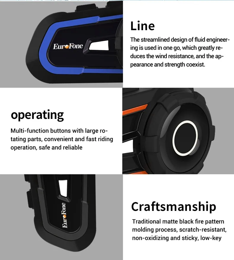 EuroFone S2 Universal Pairing BT5.1 Motorcycle Helmet Intercom Riders Talking 1000M Headset FM Radio