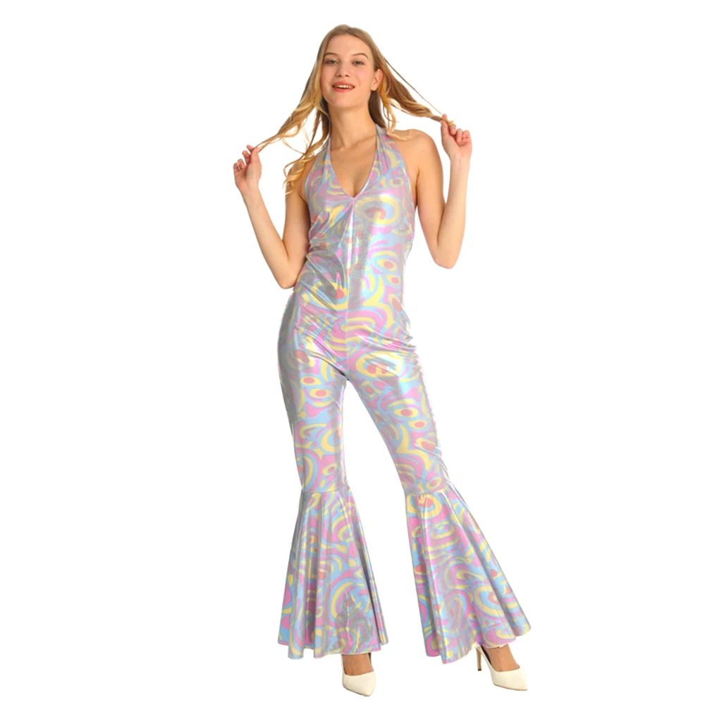 Jumpsuit Hippie - Kostum Halloween perak yang mempesona untuk pesta koktail, pertunjukan panggung, kostum disko gaya busana