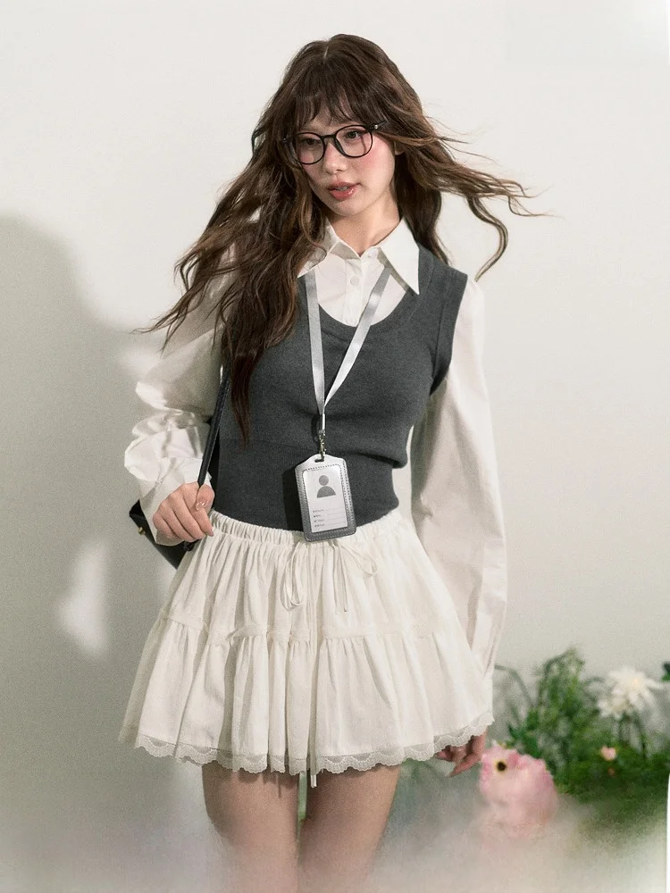 

RECOIN RC Layered irt Academy Sle Knitted Vest Early Autumn Top Splice Design Pure Cotton Long Sve Girls' irt