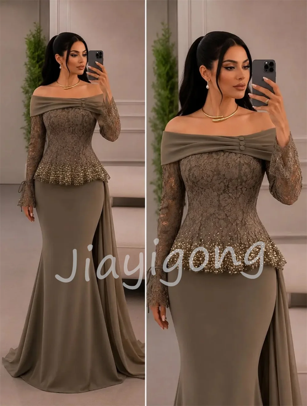 Customized Fashion Jersey Pleat Sequined Pattern Trumpet Off-the-shoulder Long Bespoke Occasion Prom Dresses