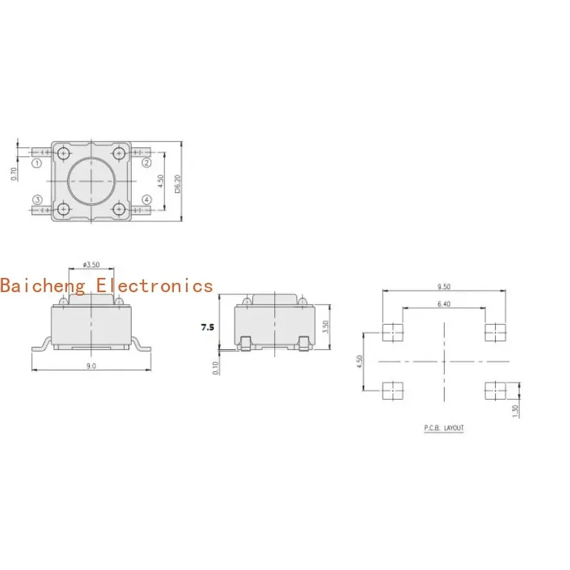 100PCS 6 * 6 * 7.5 light touch patch 4-pin button switch micro button resistant to high temperature and long service life