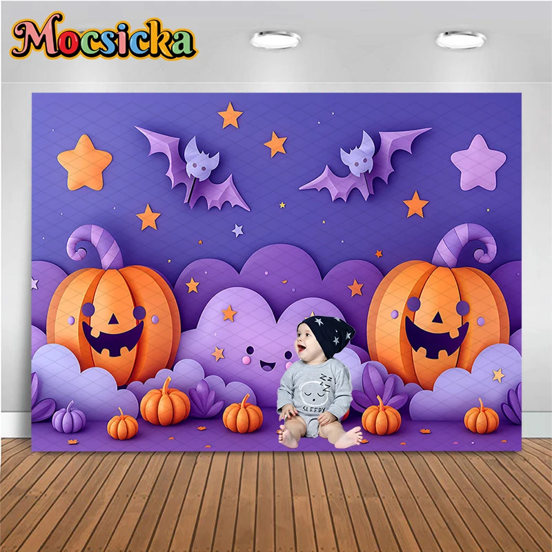 

Mocsicka Halloween Photo Background Shooting Jack-O-Lantern Bat Cartoon Pumpkin Girl Birthday Back Drop Decor Decoration Studio