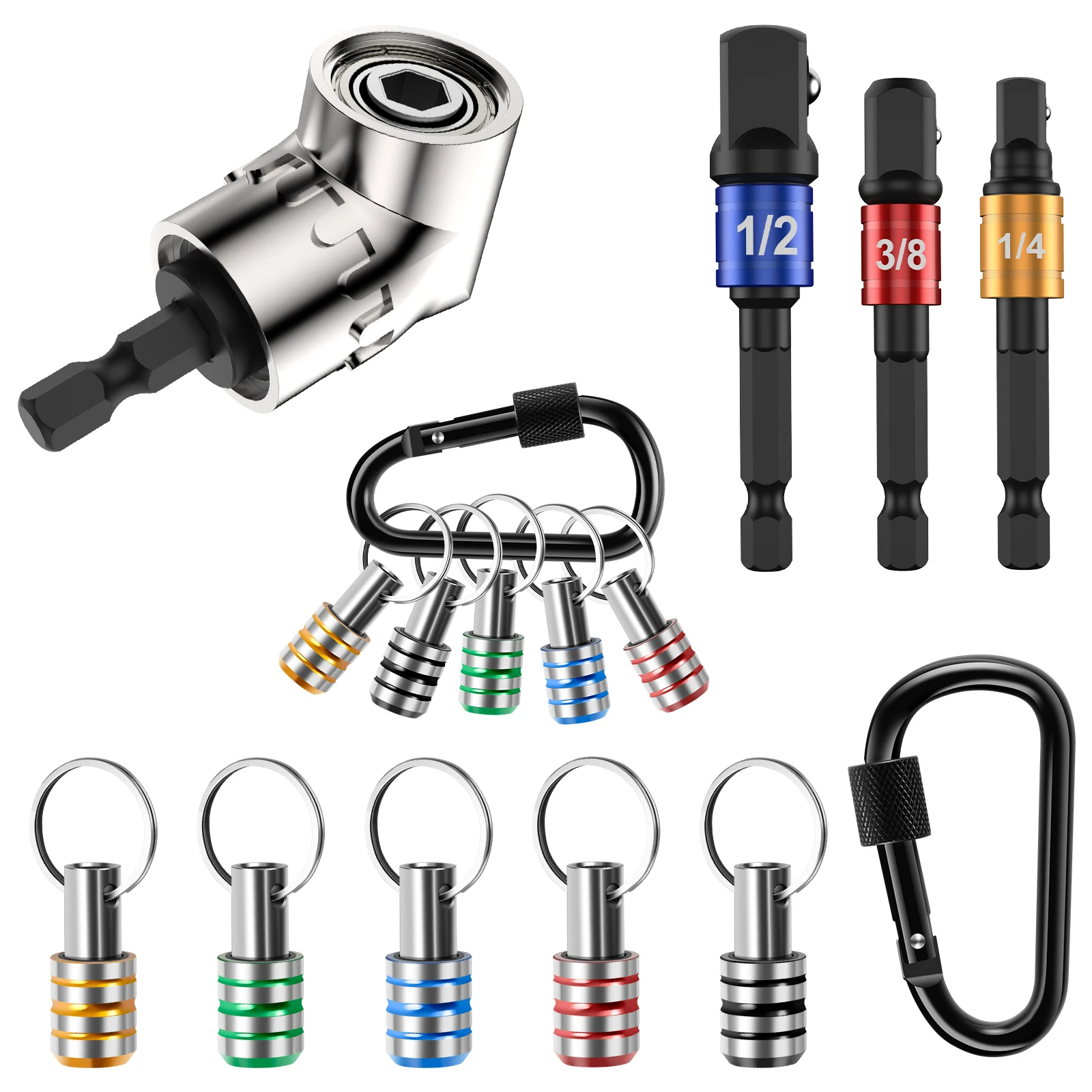 5Pcs 1/4 Inch Hex Shank Screwdriver Bit Holder Aluminum Alloy Bit Holder Keychain with 1/4inch 3/8inch 1/2inch Drill Socket