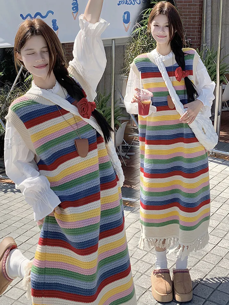 rainbow-striped-knitted-vest-dress-women's-autumn-winter-set-sweet-loose-sweater-long-skirt-fairy-tale-style-two-piece-suit