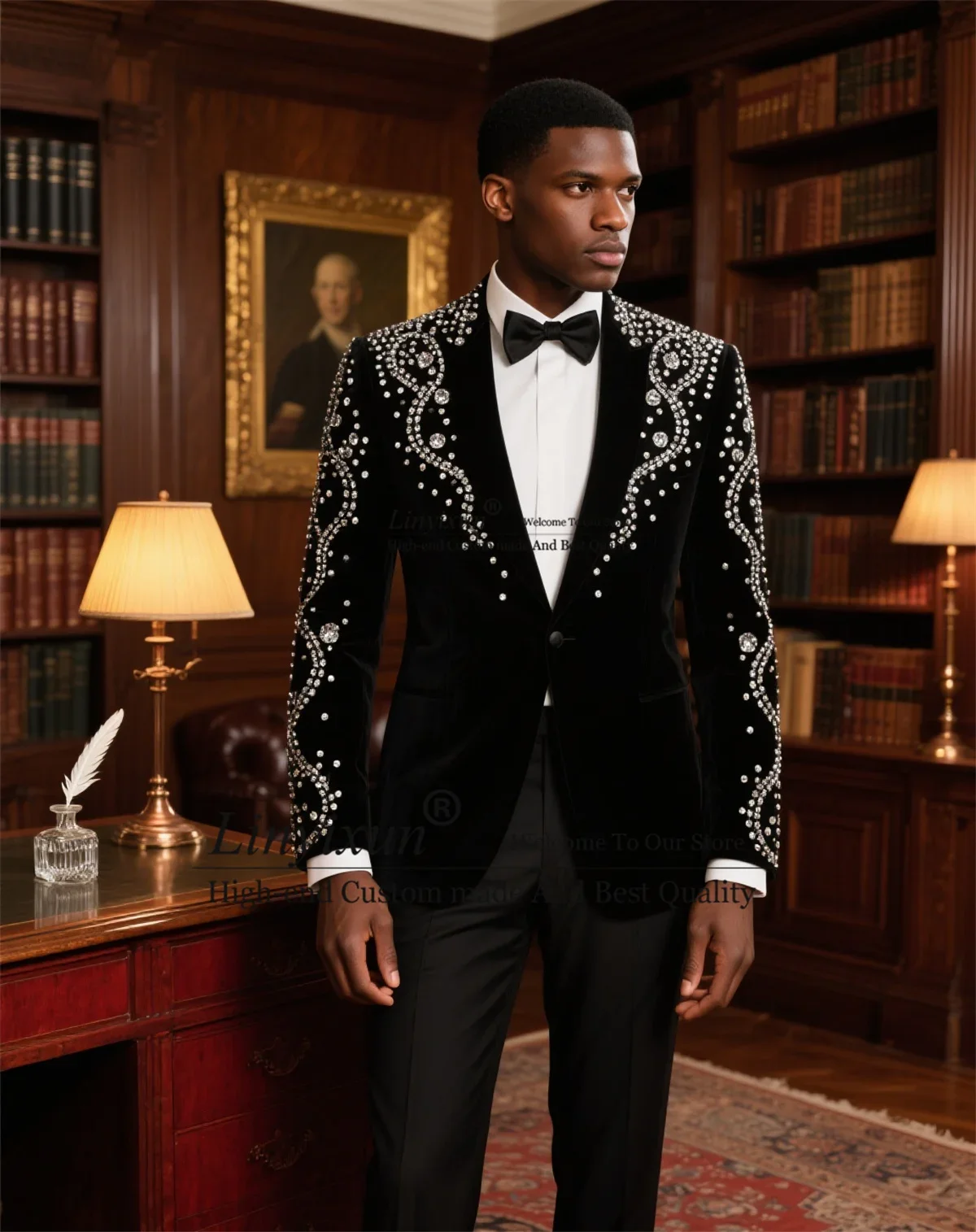 

Elegant Velvet Jewelry Ornament Men Suits 2 Pieces Sets Wedding Groom Male Prom Blazer Customized Slim Tuxedo Ternos Completo