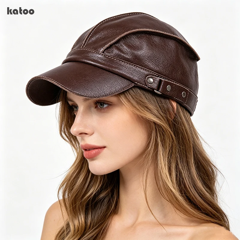 

High Quality Real Leather Military Caps Sailor Hats Women Men Black Brown Flat Top Captain Cap Travel Cadet Hat Fashion Unisex