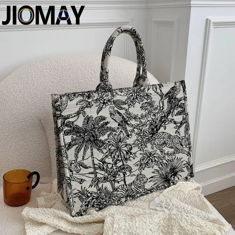 JIOMAY Fashion Trends Beach Bag for Women Animal Print Handbag Travel Inner Pocket with Zipper Embroidery Shopper Shoulder Bag