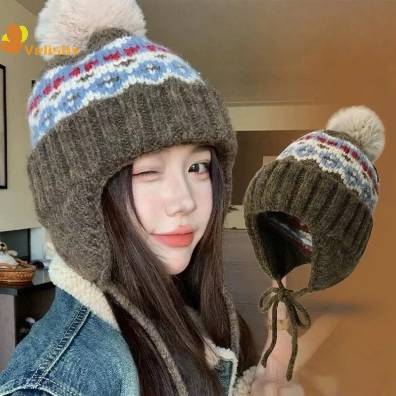 

Жаккардовые вязаные шапки в стиле ретро в стиле Fair Island для женщин, осенне-зимняя теплая универсальная милая шапка с помпоном для защиты ушей