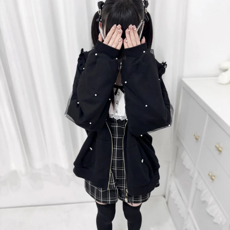 Japanese Pearl Gauze Patchwork Coats Women Y2k Aesthetic Lace Rabbit's Ears Jackets Casual Oversized Harajuku Kawaii Hoodies Top