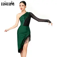 Vestido asimétrico con flecos y un hombro para mujer, traje de baile de salón, Salsa latina, Tango, borla de diamantes de imitación brillantes