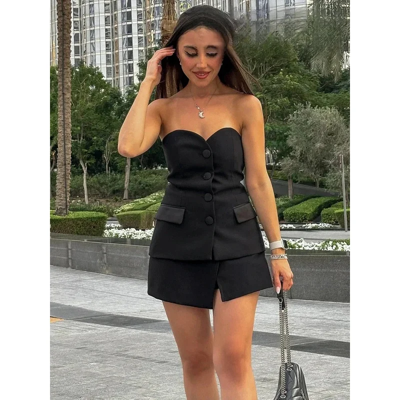 ASDS Shorts skirts sets for women casual tube top with front button tube corset slim slit shorts summer red office lady suit