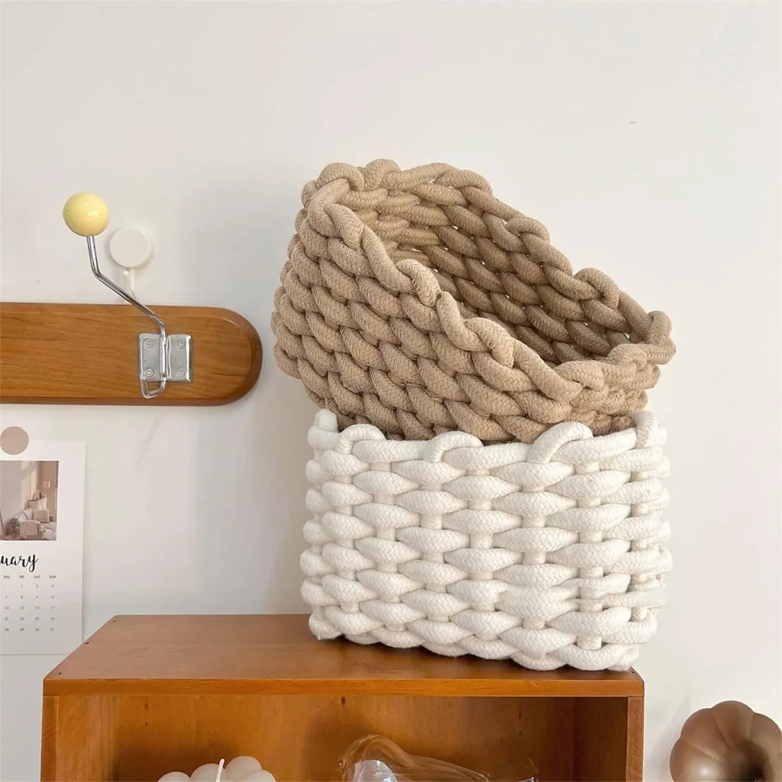 Handmade Cotton Organizer Basket Eco-Friendly Material Closet Rack Baskets for Home Bathroom Accessories