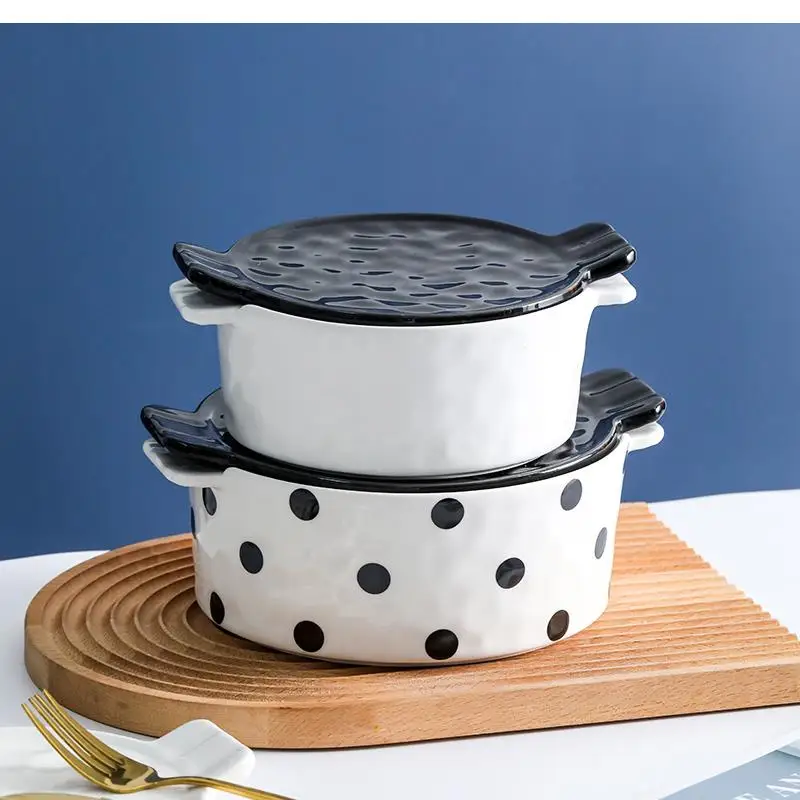 

Чаша с двойным ухом в горошек, керамическая одинарная милая десертная бытовая печь для выпечки фруктового салата с крышкой