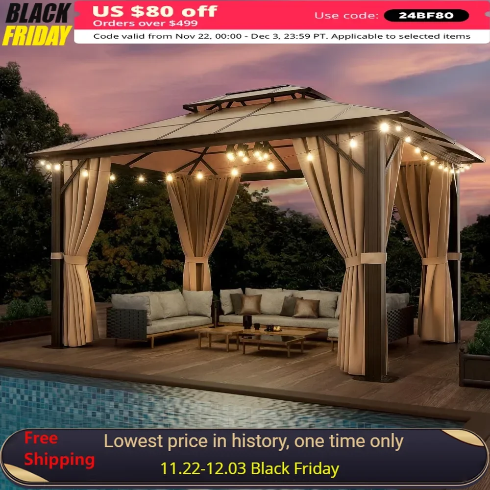 

10'x12' Hardtop Gazebo, Double Roof Gazebos, Aluminum Frame Permanent Pavilion with Netting and Curtains, Outdoor Gazebo