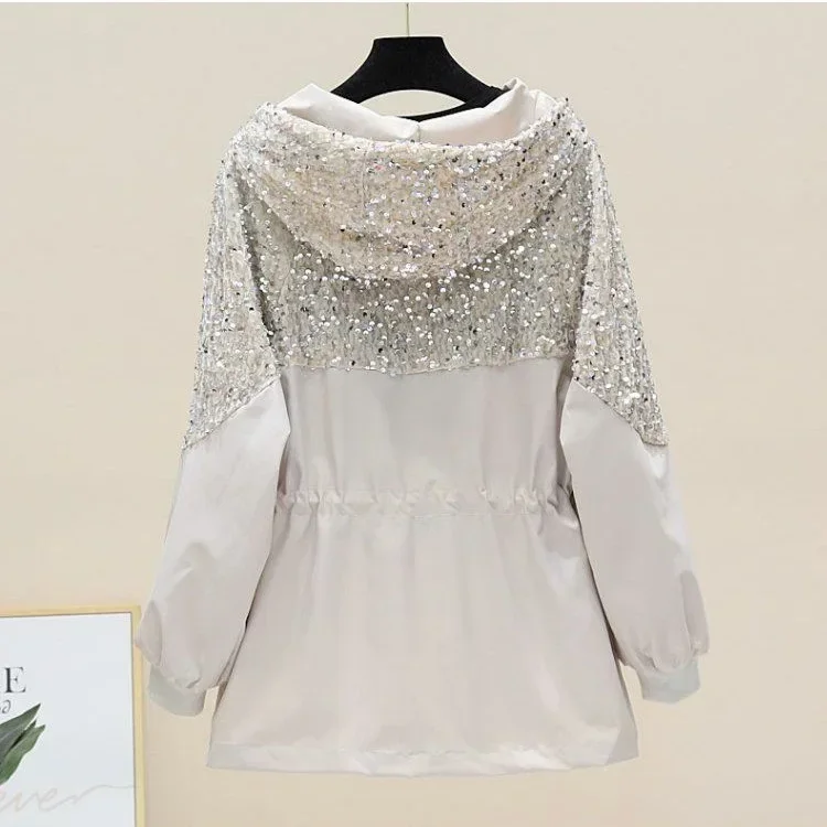 ポップなレディースコート 春秋 2025 新作 スパンコールステッチ ウエストドローストリング フード付き ウィンドブレーカー 女性用 フード付きトレンチコート