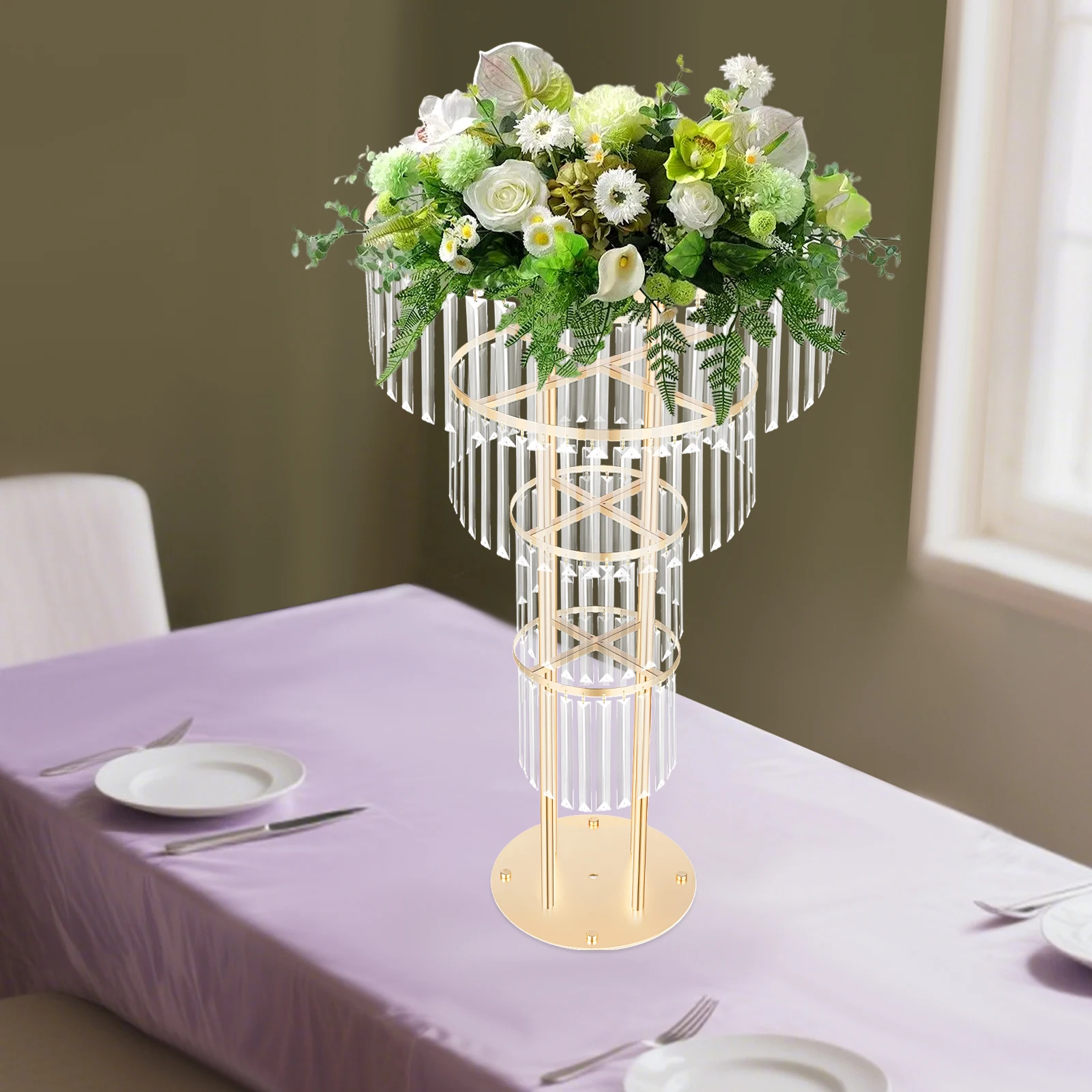 4 Tiers Crystal Flower Stand, About 8kg/17.64lbs Load-bearing Capacity Round Pedestal Stand, Freestanding Wedding Gold Crystal Flower Stand