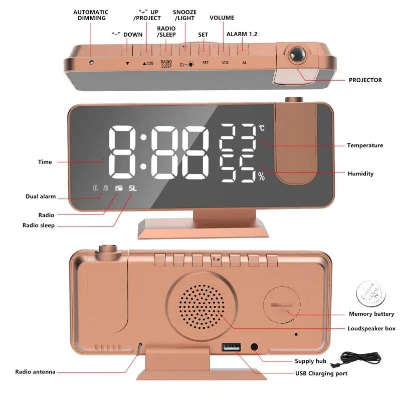 Reloj despertador Digital con proyección de Radio, pantalla de hora de cabecera multifunción, Radio con temperatura y humedad, reloj de espejo