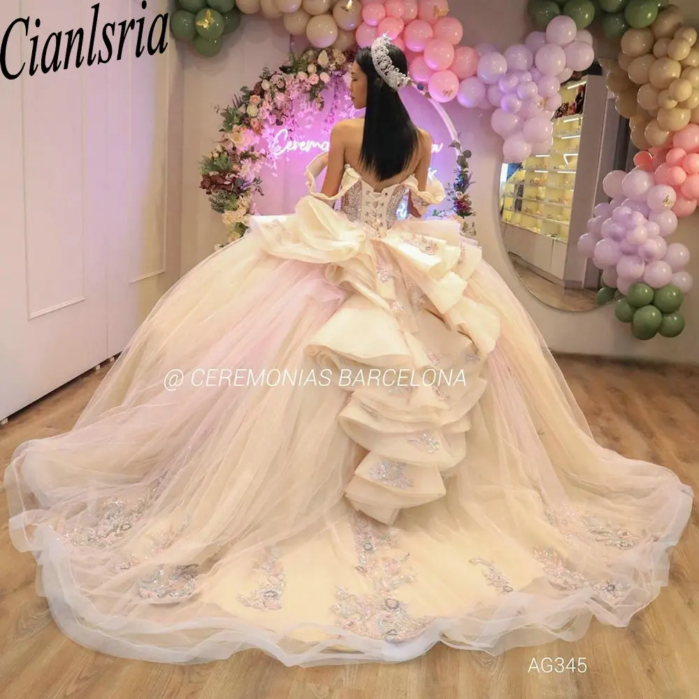 

Princess Crystal Beading Bow Ball Gown Quinceanera Dresses Off the Shoulder Sequined Appliques Corset Sweet Vestidos De 15 Años