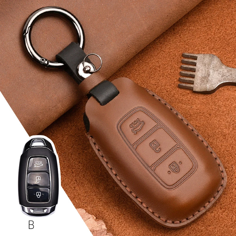 

Leather Car Key Fob Case Cover For Hyundai Santa Fe/Veloster Palisade Accent Kona Electric Nexo Keychain Holder Accessories