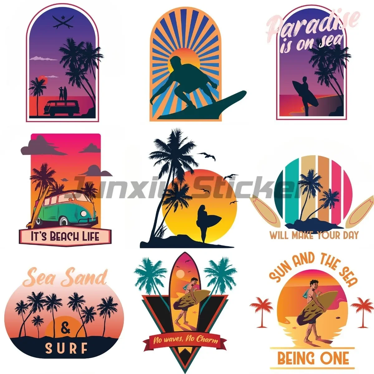 

Sunshine Coconut Tree Summer Beach Waves Surfboard Stickers Vinyl Laptop Door Bumper Wall Window Refrigerator Decals