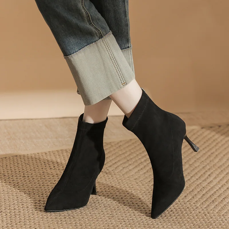 

Size 32-43 Women's Suede Pointed Toe Stiletto Heel Ankle Boots Elastic Slim Fit Fashion Autumn Winter Party Dress Boots Beige